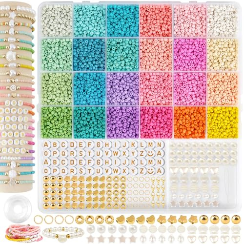 ARTREE 3 mm Perlen für Armbänder, 24 Farben Perlen zum Auffädeln mit Buchstabenperlen, Perlenset für Armbänder, Armband Selber Machen Perlenset für DIY Perlenarmband Selber Machen | Perlenset zur Schmuckherstellung: Freundschaftsarmbänder, Halsketten und Ohrringe, DIY