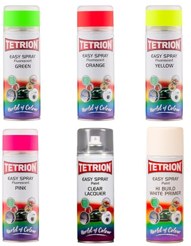 Tetrion Easy Spray Paint 400ml, pack of 6 Fluorescent Orange, Yellow, Pink, Clear Lacquer and Hi-Build White Primer Acrylic, quick-dry for wood, metal, ceramic, plastic, indoor/outdoor.