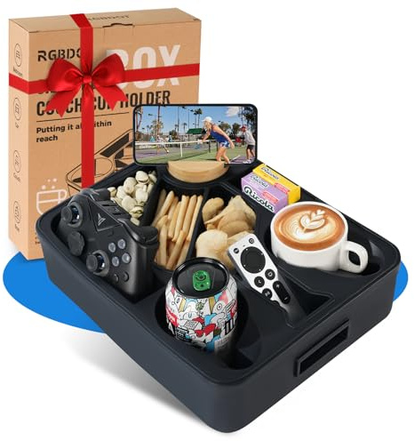 Couchbar Snackbox mit Sportliche Snackschale mit Fächern & Getränkehalter – Robustes Couch Tablett für Pickleball-Fans, Fußballabende & Outdoor – Geschenk für Männer zum Geburtstag (Schwarz)