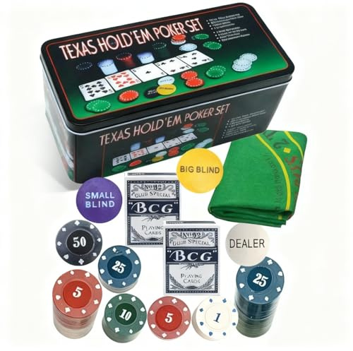 Shop SoftAir Set da Poker Texas Hold'em, 200 Fiches con Valori in Euro, Scatola in Metallo, 24x11,5x12 cm, con 2 Mazzi di Carte, Panno Verde, Gettoni Dealer e Blind, per Adulti