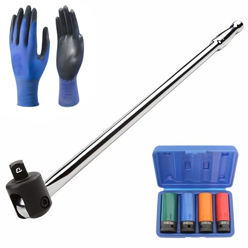 Breaker Bar 1/2 Sq Drive 24 Inch 600mm Strong Arm Power Knuckle Breaker Flexi Bar, 4Pc Alloy Wheel Nut Removal Socket Set 17, 19, 21, 22mm, Flexible Handle, 1x Pair Work Gloves, Chrome Vanadium Steel