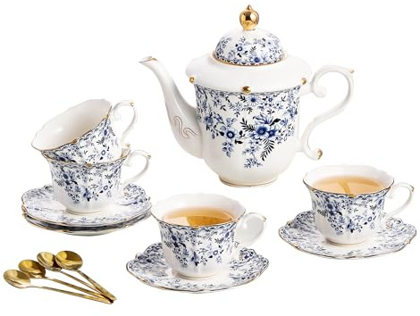 21 Pieces British Porcelain Tea Set, Floral Vintage China Coffee Set (Blue, 13 Pieces Set)