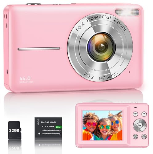Appareil Photo Numérique 1080P 44MP Caméra Vlogging pour Enfants Ados, FHD Compact Portable avec Écran 2,4 Zoom 16X, Mini Caméra Anti-secousse pour Débutants Étudiants-Rose