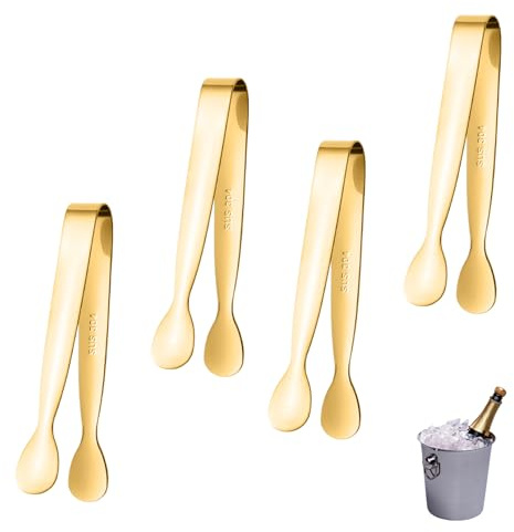 4 Pcs Mini Serving Tongs,Stainless Steel Mini Tongs,Small Sweet Ice Tongs,Multi-Purpose Appetizers,Durable Smooth Design for Serving Sugar Cubes,Cafe,Bar,Barbecue,Buffet,Family Restaurant (Golden)