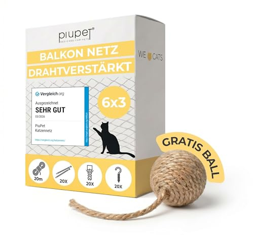 PiuPet® 6x3m Katzennetz Drahtverstärkt - Balkonnetz & Katzen Fensterschutz | Reißfestes Schutznetz inklusive Befestigungsset, Haken & Dübel, UV-beständig, witterungsfest & bissfest, inkl. gratis Ball