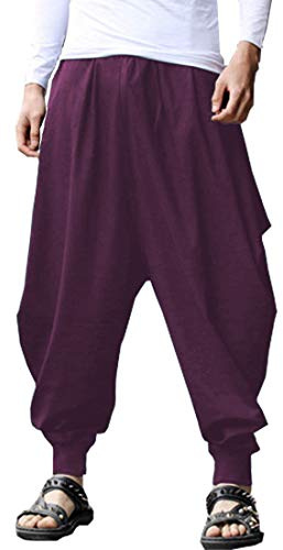 ONTTNO Men's Harem Pants Loose Stretchy Waist Casual Hippie Trousers (Purple)
