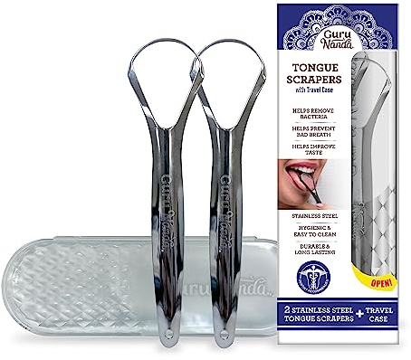 GuruNanda Raspador de lengua de acero inoxidable, ayuda con el mal aliento, 100% acero inoxidable, ideal para la higiene bucal, limpiador de lengua para adultos y niños, plateado, 2 unidades (paquete