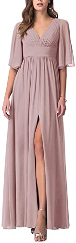 N/ C Robe de demoiselle d'honneur pour femme - Col en V - Robe de soirée longue plissée, rose poudré, 46