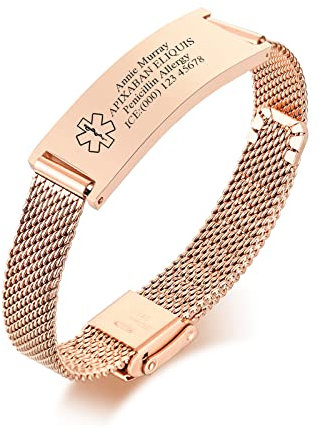 PJ JEWELLERY Personalised Medical Alert Bracelet for Women - Customised Rose Gold Stainless Steel Mesh Wire Belt Buckle Watchband Medical Identification Emergency SOS Bracelet Adjustable