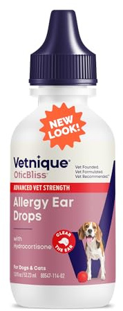 Vetnique Oticbliss Allergy Ear Drops for Dogs 1% Hydrocortisone Otic Ear Solution for Dogs Medicated Dog Allergy Relief - with Chitosan for Soothing - 1.8oz