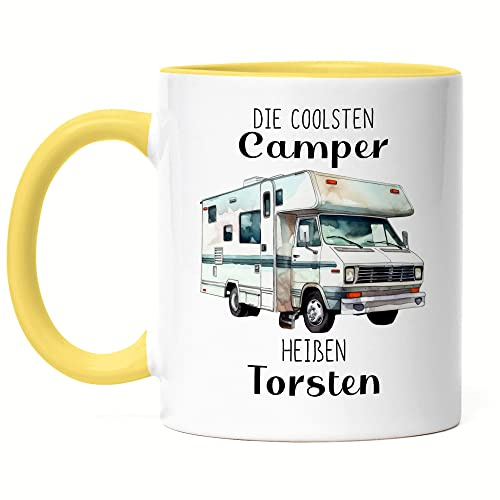 Kiddle-Design Die coolsten Camper heißen Tasse Gelb personalisiert mit Wunschnamen Wohnmobil Wohnwagen Vatertag Geschenk