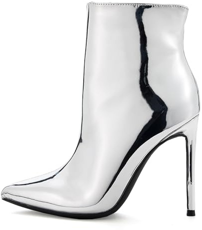 GENSHUO Stivaletti alla caviglia da donna con punta a punta, tacco alto da 11 cm, con cerniera, tacchi a spillo, stivaletti autunnali, Argento, 37 EU