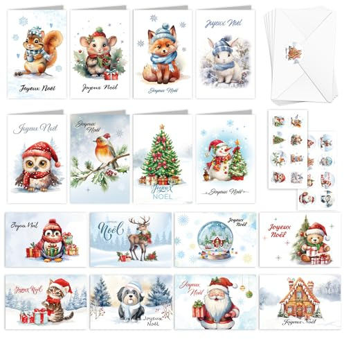 DPKOW 16 Carte Noel avec Enveloppe Autocollants, Joyeux Noël Cartes Cadeau en Français, Cartes de Vœux Noël Animaux Cartes de Félicitations Cerf Écureuil Lapin, Cartes de Noël d'hiver pour la Famille