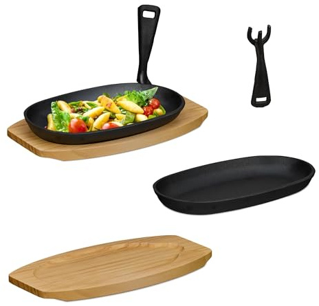 Relaxdays Poêle à Servir, 2 pièces, en Fonte, avec sous-Plat en Bois, poignée Amovible, poêles à Griller, Noir/Naturel