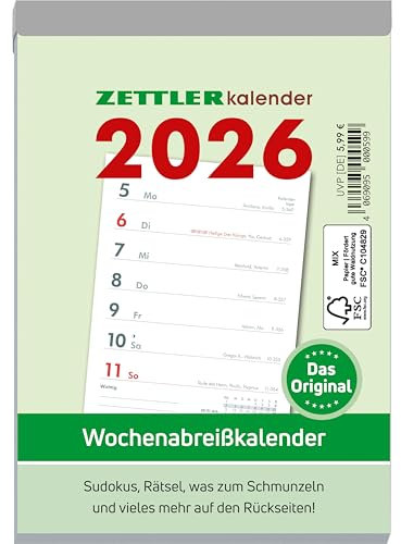 Zettler Wochenabreißkalender 2026 Typ 325 – Abreißkalender 11 × 15 cm, 1 Woche pro Seite mit Sudoku, Rezepten, Rätseln & Tipps auf den Rückseiten, FSC-zertifiziert