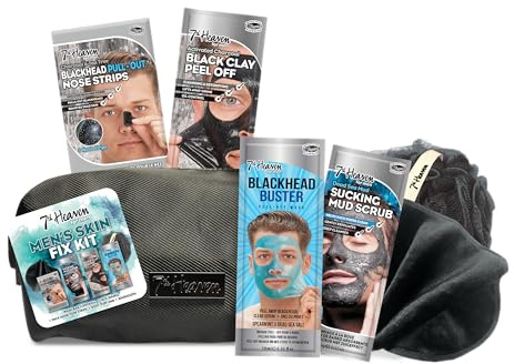 7th Heaven Men's Skin Fix Kit Gift Set with 3 Face Masks and 1 Set of Nose Pore Strips - Includes Black Wash Bag, Exfoliating Body Puff and Black Face Cloth