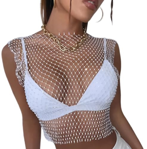 KEWUF Tank Top Damen Mesh Crop Top Durchsichtiges Glänzende Netzshirt Fischnetz Strasssteine Cover Up Kristall Sheer Mesh Top Aushöhlen Sparkle Sexy Pailletten Netzoberteil, Rundhalsausschnitt, Weiß