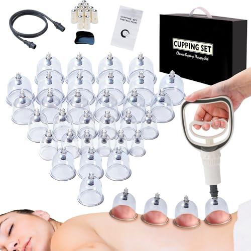 Schröpfgläser mit Vakuumpumpe, (32 Stück) Schröpfglas für Gesicht und Körper,Schröpfen set für Muskelentspannung ，Strafft und glättet die Haut，Schröpfset mit MINI-Akupressurpunkt und Gua Sha-Brett