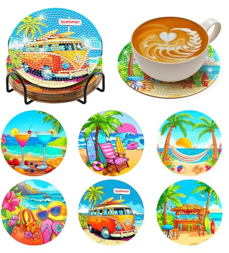 BNG Beach Diamond Paintings Coasters Kits Set with Holder, 6Pcs Sunshine Sea Art DIY Crafts Coasters for Adults, Art Painting Kits for Women, Beginners, Diamond Craft Supplies