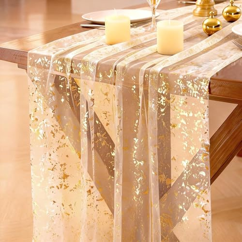 3 Stück Tischläufer Gold 70x300 cm, Tüll Glitzer Tischband mit Goldfolie, Elegante Tischdeko für Hochzeit, Geburtstag, Party, Weihnachten, Boho Tischdekoration