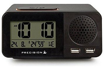 Precision Radio Controlled Digital USB Dual Alarm Black Clock