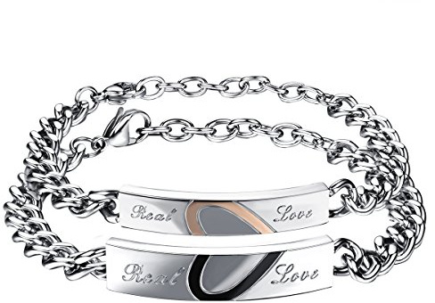 Cupimatch 2 pcs Bracelet Couple en Coeur Puzzle Gravé Real Love en Acier Inoxydable,Bijoux Fantaisie avec Chaîne pour Homme,Femme Amoureux - Noir Doré