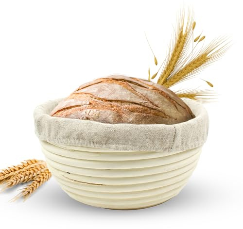 Vollum Banneton Brotgärkörbchen Sauerteig-Gärkörbchen für Anfänger & Professionelle Bäcker, handgewebter Rattanrohr-Brotbereiter mit Leinen für handwerkliche Brote, 17,8 x 10,2 cm, 0,2 kg rund