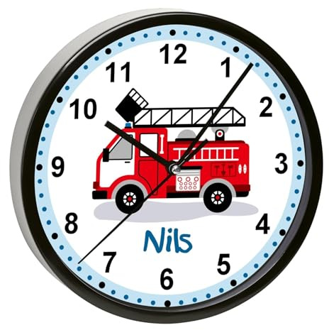 CreaDesign, Wanduhr Kinder personalisiert mit Name, Motiv Feuerwehr Drehleiter, Rahmen Wanduhr schwarz, Ø 19,5 cm