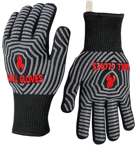 QUWIN BBQ Gloves, Oven Gloves, 1472℉ Extreme Heat Resistant,Grilling Gloves Silicone Non-Slip Oven Mitts, Kitchen Gloves for BBQ, Grilling, Cooking, Baking-1 Pair… (Black, One Size Fits Most)
