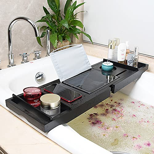 Vassoio per Vasca da Bagno Bambù Mensola Vasca da Bagno Mensola Allungabile Vassoio da Bagno Accessorio da Bagno Scaffale Estensibile per Vasca da bagno, Regolabile in Lunghezza 70-105 cm, Nero