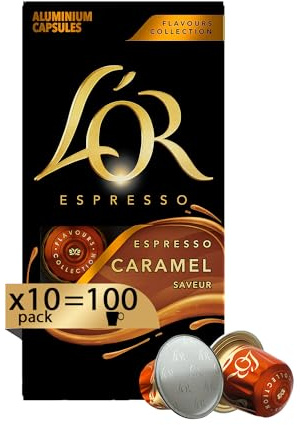L'OR - Café Espresso - Caramel - Fruité - Onctueux - Torréfaction foncée - Subtil - Compatible Nespresso - 10 lots de 10 capsules en aluminium