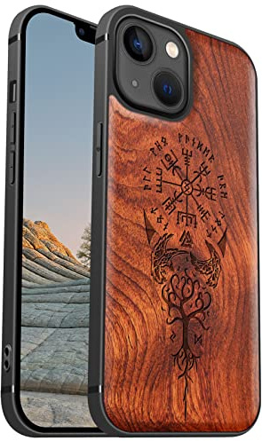 Carveit Magnetisch Hülle für iPhone 13 [Elegante Rosenholz] [Weich TPU Stoßstange] Stoßfeste Handyhülle Kompatibel mit 13 Magsafe Hülle Holz （Wikingerkompass Vegvisir） | Handyhulle kompatibel MagSafe Massivholz für iPhone 13 Handyhülle Stoßstange Weich TPU Case