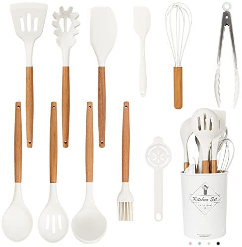 Lot de 12 ustensiles de cuisine blancs en silicone avec poignée en bois (passe au lave-vaisselle) résistants à la chaleur jusqu'à 200 °C, antiadhésifs, meilleure cuisine