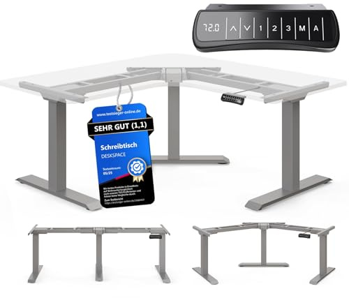 DESKSPACE Corner höhenverstellbarer Schreibtisch Gestell (elektrisch) | Tischgestell winkelverstellbar mit Kollisionsschutz, Memory-Funktion, Hochleistungsmotoren, 10 Jahre Gewährleistung (Grau)