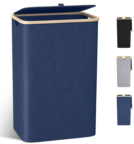 Cesto Portabiancheria Grande,con Coperchio,per Panni Sporchi XXL 100L con Manici in Bambù,Pieghevole per Bagno o Lavanderia Vestiti, Giocattoli
