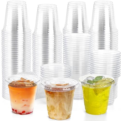 Lawei 200 Sets Clear Plastic Cups with Lids, 10 Oz Reusable Cold Drinking Cups, Plastic Party Cups with Straw Slot Lids for Beverage, Iced Coffee, Smoothie, Milkshake and to-GO Drinkings