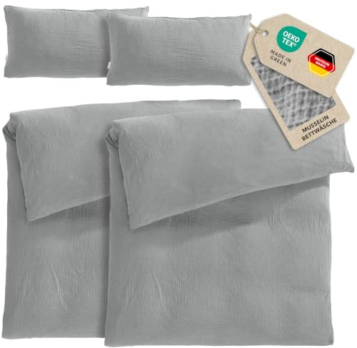 Pure Label Musselin Bettwäsche 4tlg 2x135x200+2x40x80 - Grau | Traumhaft weiche, kuschelige Bettwäsche-Sets aus Musselin - 40° Waschbar