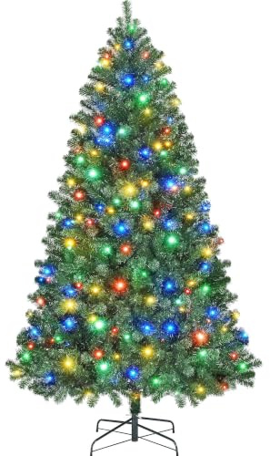 Yaheetech 6ft Pre-Lit Spruce Christmas Tree, 300 Multicolour LED Lights | 183cm Artificial Christmas Tree | 818 Branch Tips | Foldable Stable Metal Stand | For Home & Office Holiday Decorative