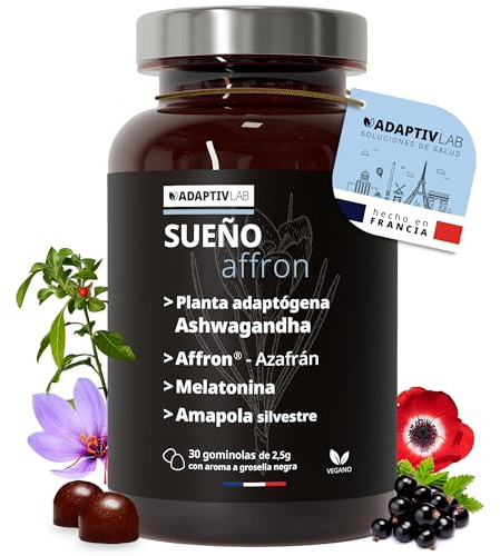 AdaptivLAB Sueño AFFRON 30 Melatonina Gominolas Adultos para Dormir Bien - Complementos Alimenticios Gummies Melatonina - Sabor Grosella Negra Ashwagandha Gummies Fabricado en Francia