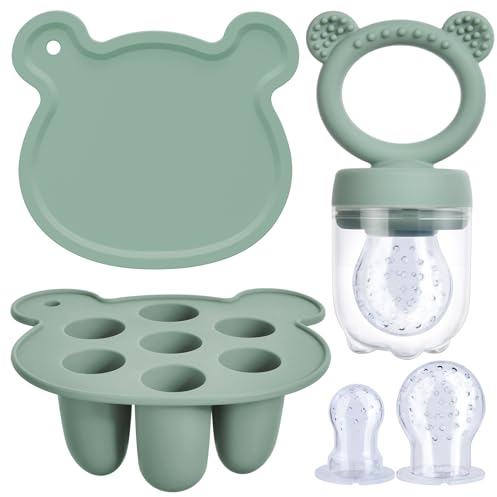 Aolso Bebé Comedero de Frutas, Moldes de paletas de leche materna para bebés, alimentador de silicona sin BPA para la autoalimentación segura del bebé,Bandejas para congeladores de alimentos-verde