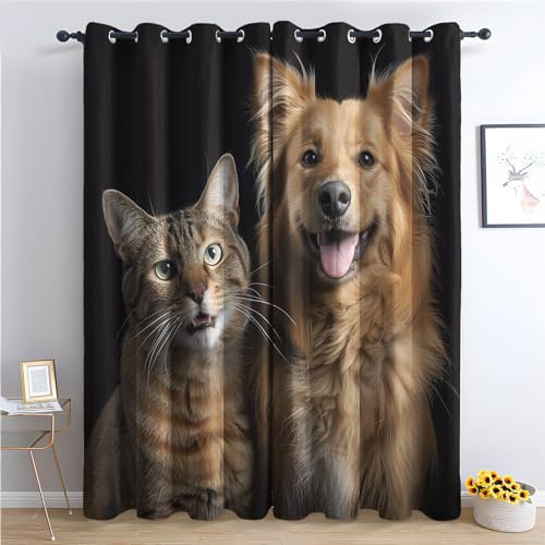 THYUNQ Vorhänge Hund und Katze Motiv, Vorhang Blickdicht Verdunklungsvorhänge Thermovorhang mit Ösen, Gardinen Wohnzimmer Schlafzimmer Fenster, 2er Set Curtains, H 137 x B 117 cm
