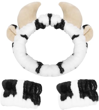 Lvefyti 3 Stück Haarband Schminken Plüsch Cow,Kosmetik Schminken Stirnband für Damen Mädchen,Haarbänder Make Up mit Handgelenk Waschband für Spa,Beauty,Waschen Gesicht