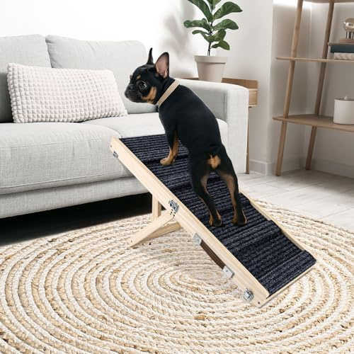 Okydoky Small Dog Ramp, Adjustable Portable Folding Wooden Pet Ramp, 32 Long with Non-Slip Traction Mat, Adjustable from 9 to 17.5, Dog Climbing Ladder for Sofa,Couch,Car (Grey) NO.LGPT1