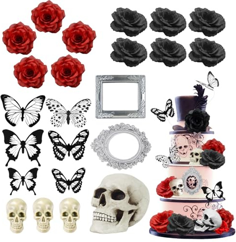 Gothic Cake Decoration Gateau Hallowee Gothique Decoration Gateau Tete de Mort Decoration Gâteau Rose Gâteau Topper pour Halloween Gothique Fête Décoration