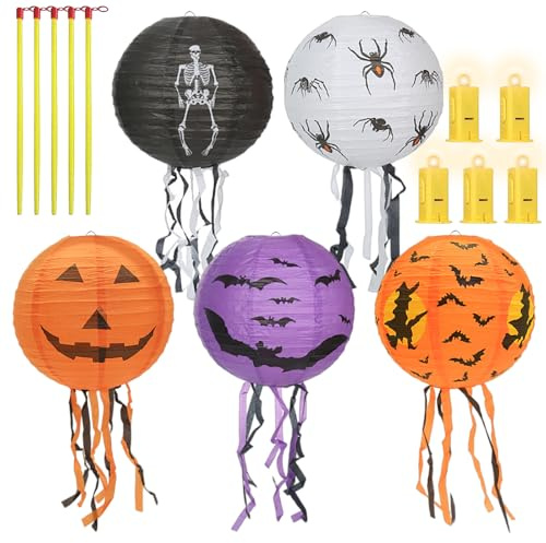 Halloween Laterne, 5 Stück Faltbare Halloween Kürbis Papierlaterne, Halloween Papier Laternen Dekoration mit Fledermäuse Spinnen Geister, Hängende Festival Laterne für Home Party Halloween Dekoration