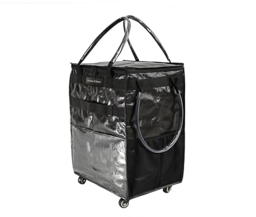 Reusable Grocery Bag On Wheels Large Capacity Shopping Trolley Foldable Rolling Tote with Outside Pocket, Heavy Duty Handle (Black, Medium)