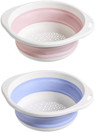 2 Pcs Collapsible Colanders, Surwin Combination Silicone Colander, Foldable Filter Drain Baskets, Kitchen Strainer for Draining Pasta Fruits Vegetable Colanders (Blue-Pink)