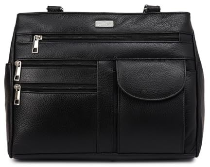 Quenchy London QL173M Damen-Handtasche aus echtem Leder, Designer-Handtasche mit 2 oberen Griffen, 8 Taschen, 2 großen Hauptfächern mit Reißverschluss, mittlere praktische Größe, Schwarz, Genarbtes