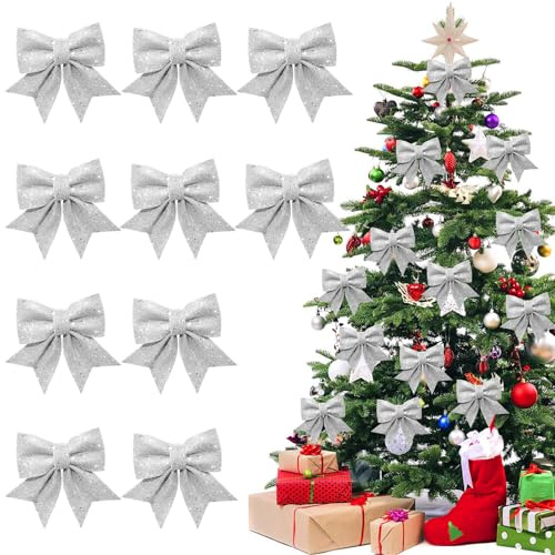 Hyran 10 Stück Schleifen Weihnachtsbaum, Glitzer Weihnachtsschleifen, Rote Schleifen Weihnachten, Geschenkschleifen, Weihnachtsbaum Deko (Silber)