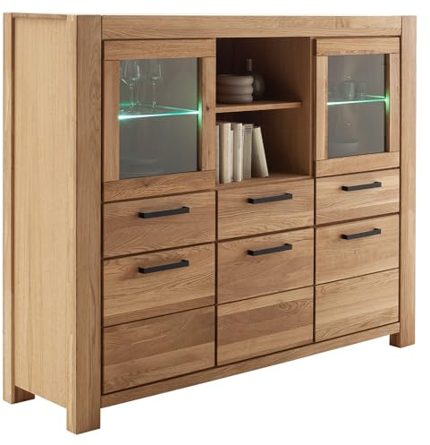 Lomadox Highboard Vitrinenschrank 172 cm, inkl. LED-Beleuchtung, Wildeiche teilmassiv geölt, Massivholz/Echtholz/Furnier